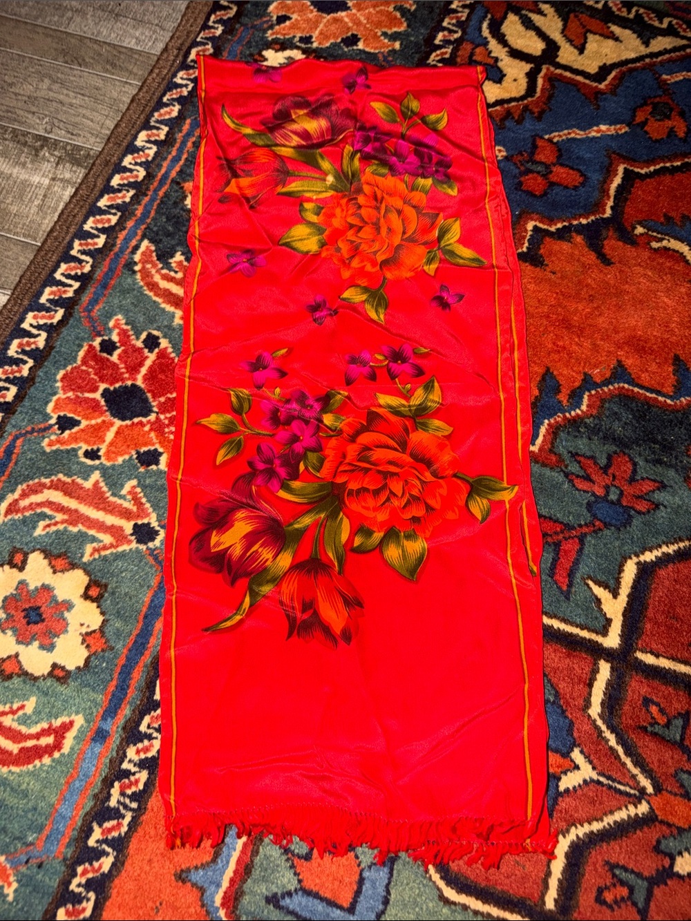 Vintage Liz Claiborne 100% Pure Silk Floral Fringed Scarf